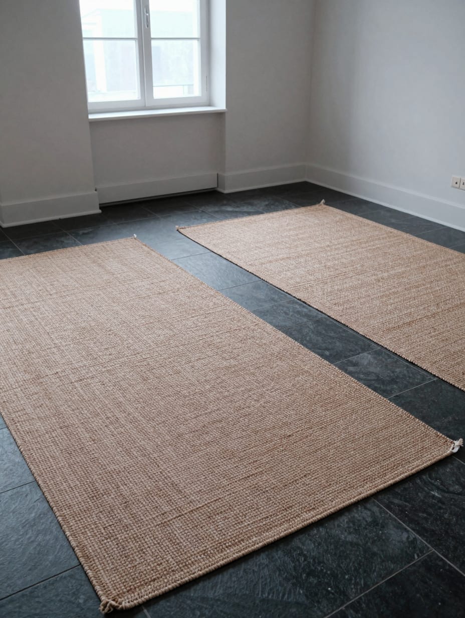 Two identical large area rugs defining separate seating and dining zones in a bright open concept home.
