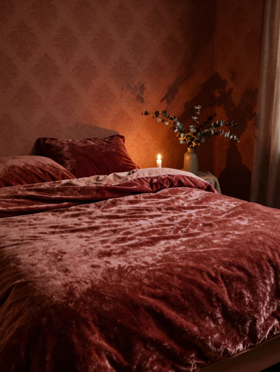 A rich crimson bedroom featuring washed velvet bedding, drapes, and a matching upholstered headboard.