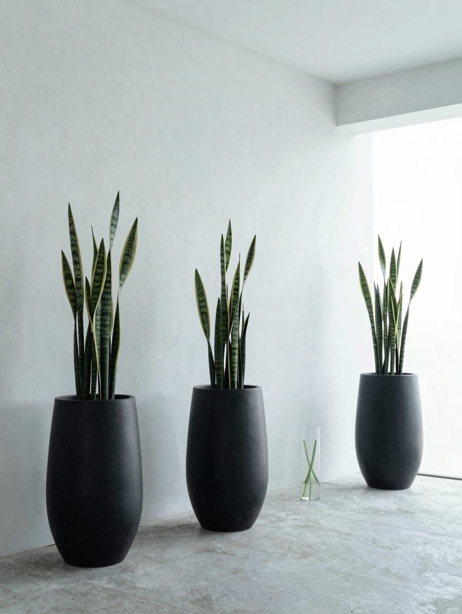 Modern monochrome black planters with green foliage on a sleek porch.