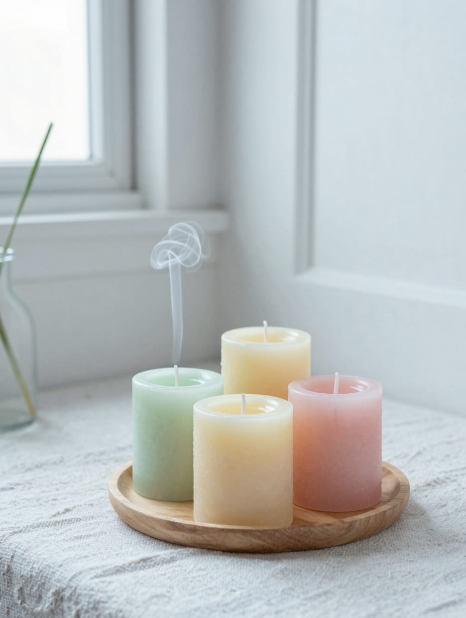A lit decorative candle in a glass jar with a spring-themed label on a bathroom shelf.