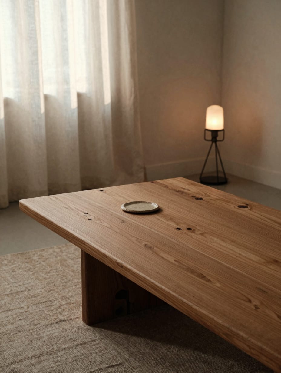 A rustic living room with a coffee table made from dark reclaimed wood, showcasing its unique grain and texture.