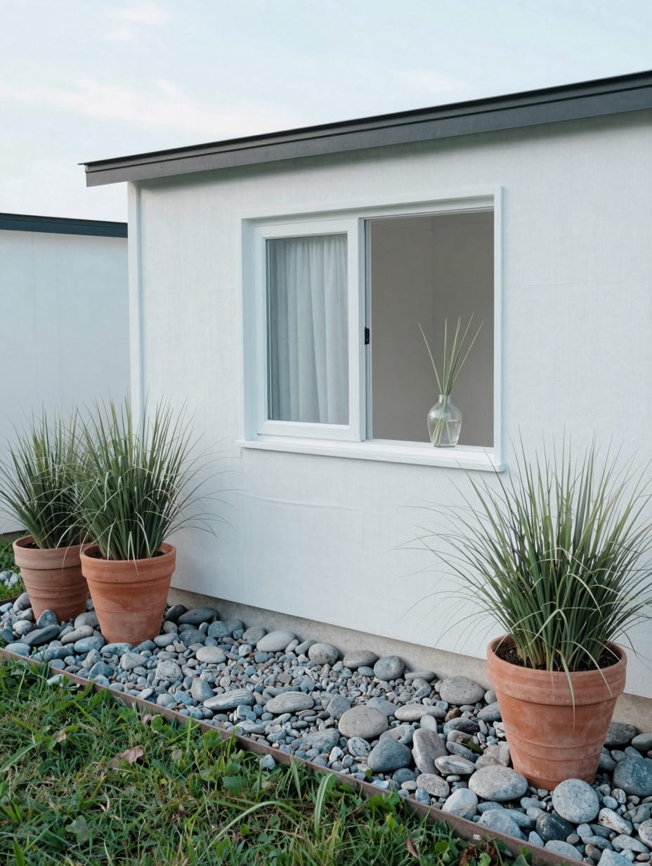 Modern shed surrounded by a clean border of grey pea gravel and dark metal accents.