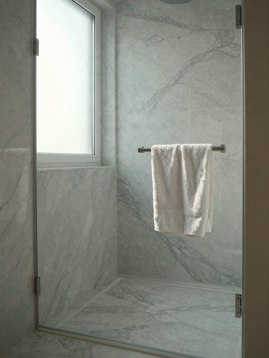 White marble tiled bathroom wall with matching marble ledge holding soap bottles.