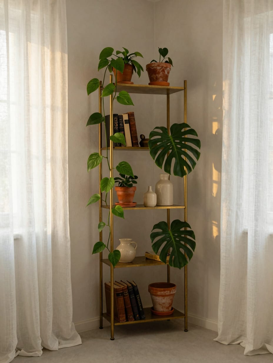 Tall wooden shelves filled with green trailing plants against a white wall.