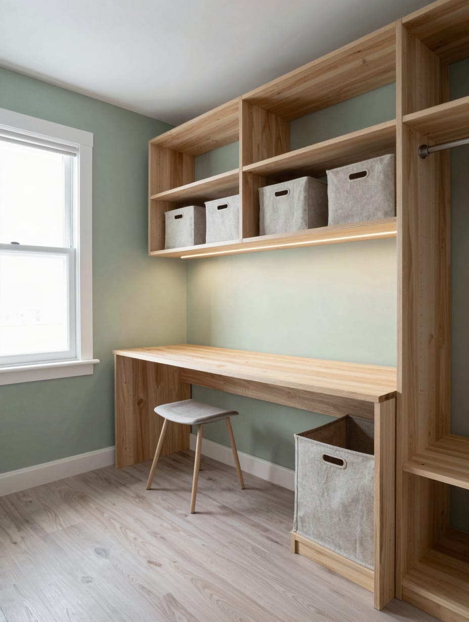 A converted closet office with a built-in wooden desk, open shelves, and a small chair inside a light-colored closet.