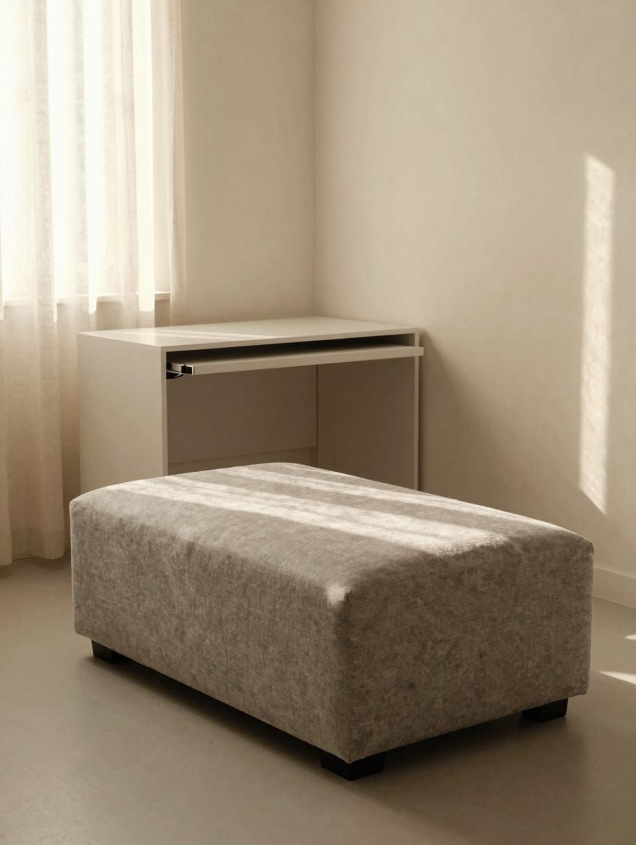 Modern sofa with an upholstered storage ottoman that opens, showing blankets inside.
