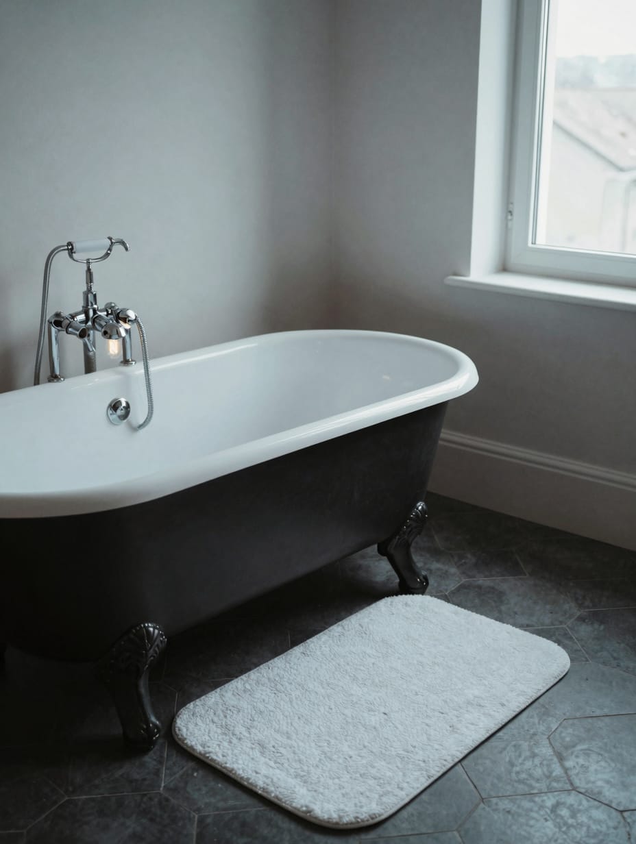 Short white clawfoot tub with shiny chrome eagle claw feet and a classic telephone-style faucet.