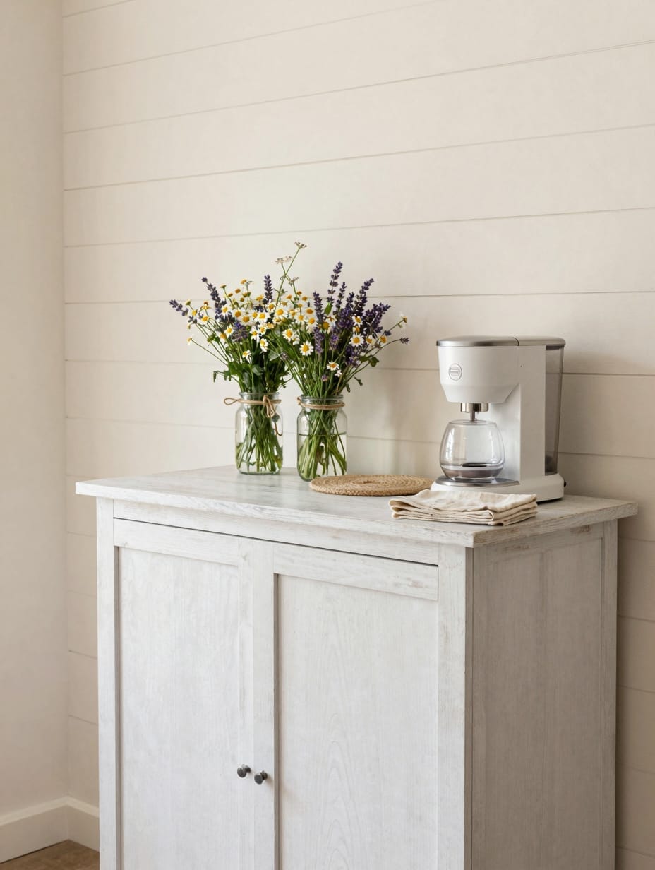 A farmhouse spring coffee bar featuring rustic wooden elements, white ceramic mugs, and a small mason jar filled with wild...