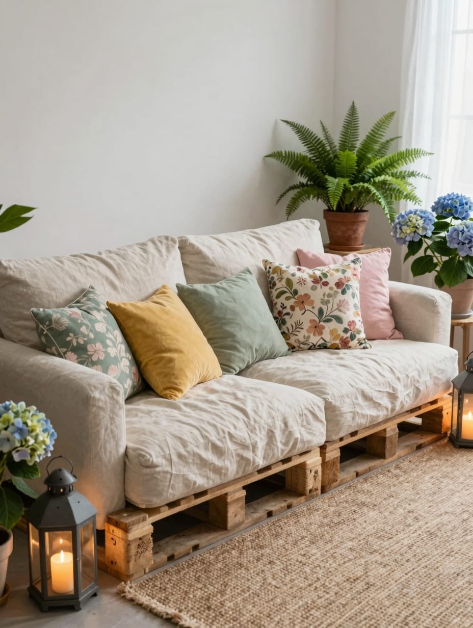 An inviting outdoor bohemian lounge nook with floor cushions, throws, and string lights under a tree.