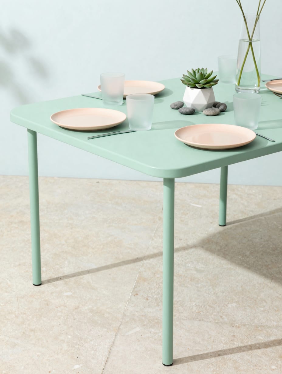 Minimalist mint green metal outdoor table set with modern pastel plates and marble coasters.