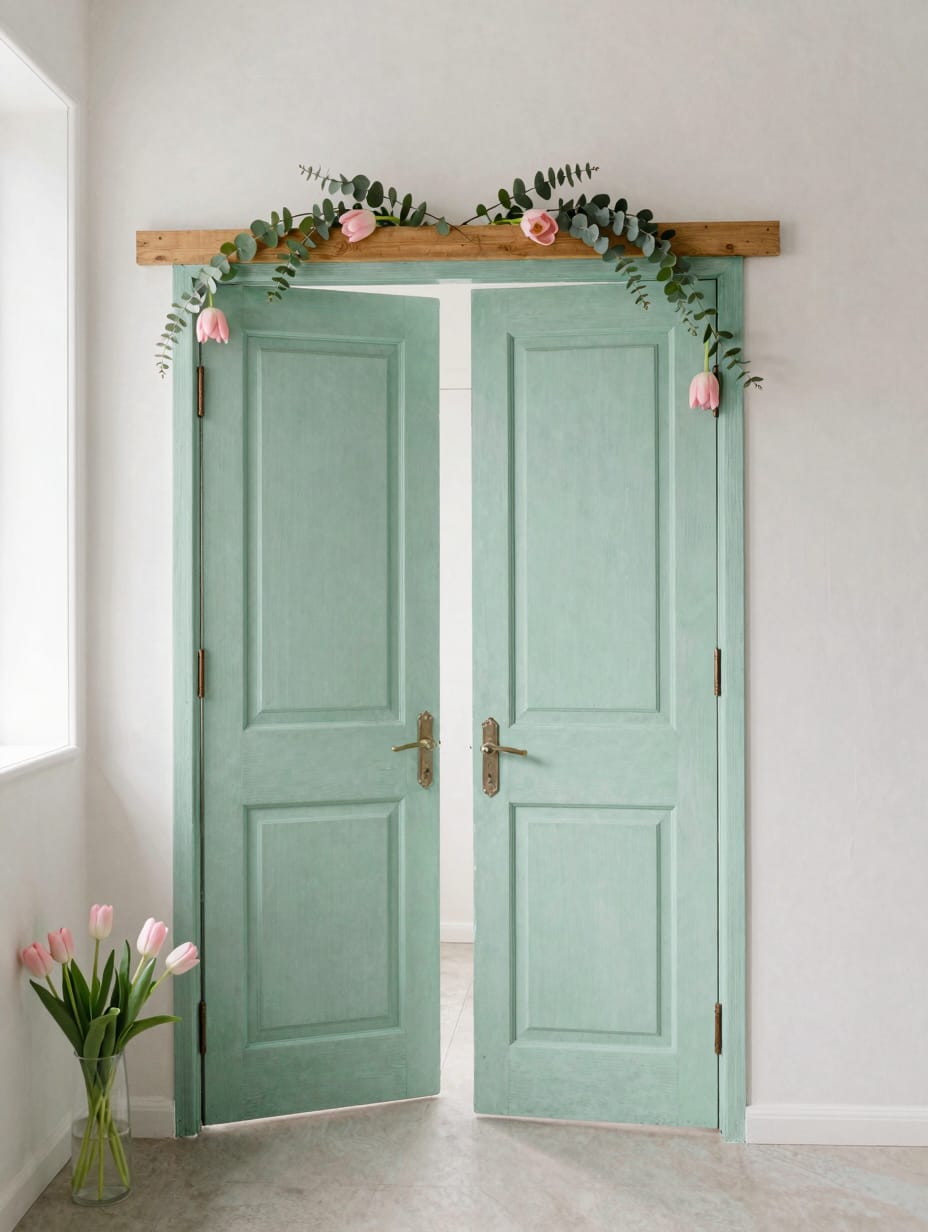 Two antique white wooden doors standing as a ceremony arch in a green grassy field.