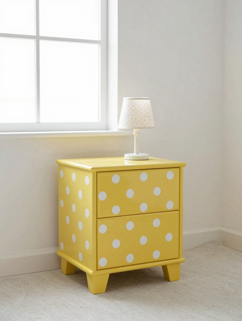 A small wooden bedside table painted with playful polka dots in various pastel colors.