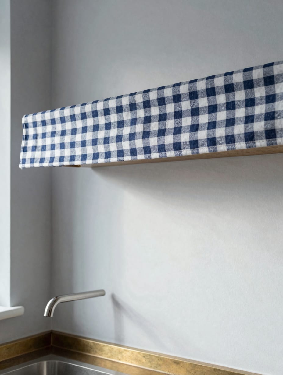 Bright kitchen window featuring classic blue and white gingham check above sink curtains.