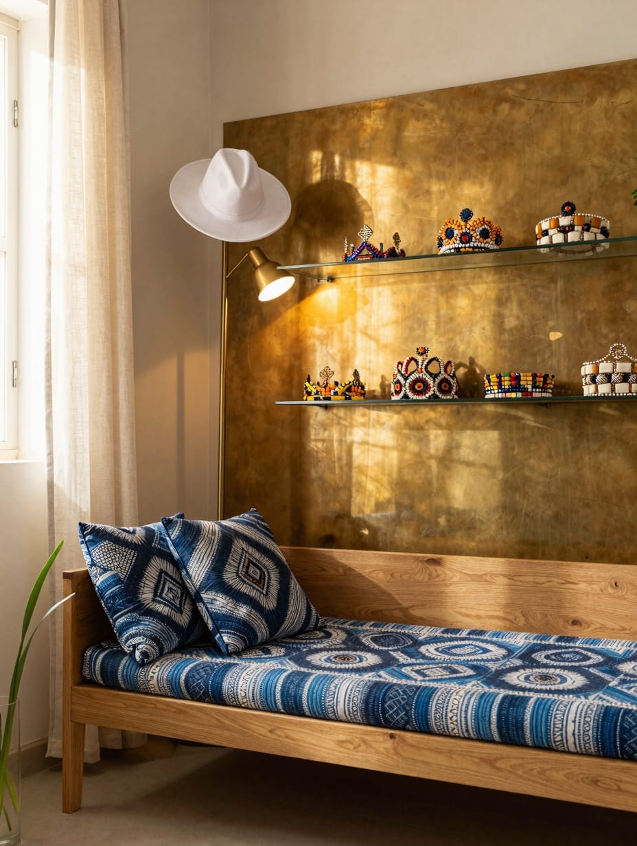 Interior with indigo blue dyed pillows and an intricate Yoruba beaded chair in a sunlit corner.
