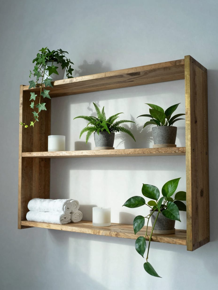 Bathroom shelf decorated with various small potted plants and white ceramic jars.