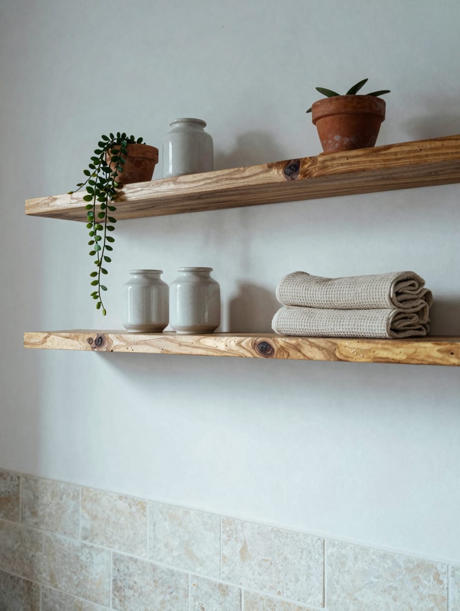 Floating live-edge oak shelves mounted on a light gray wall holding small jars and towels.
