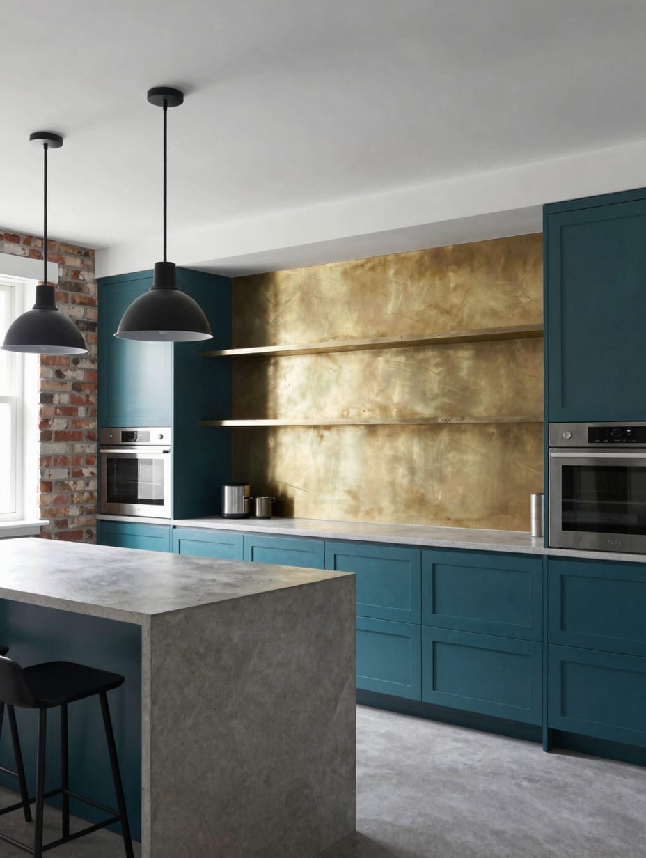 Modern kitchen with deep teal blue cabinets, concrete counters, and industrial lighting.