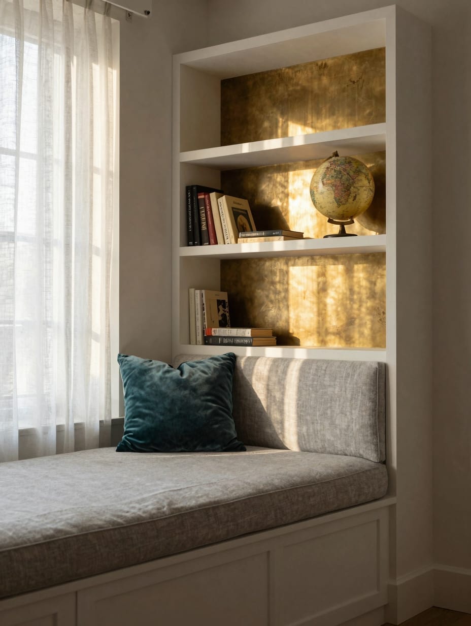 Window seat with integrated bookshelves underneath, filled with books, pillows, and a cozy throw blanket.