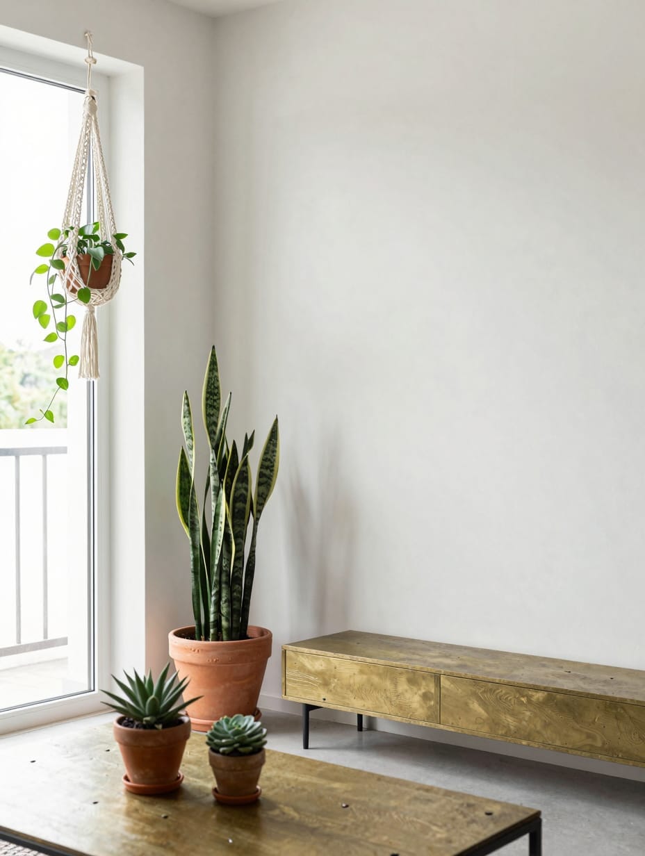 A healthy snake plant in a white ceramic pot sitting on a bright windowsill.
