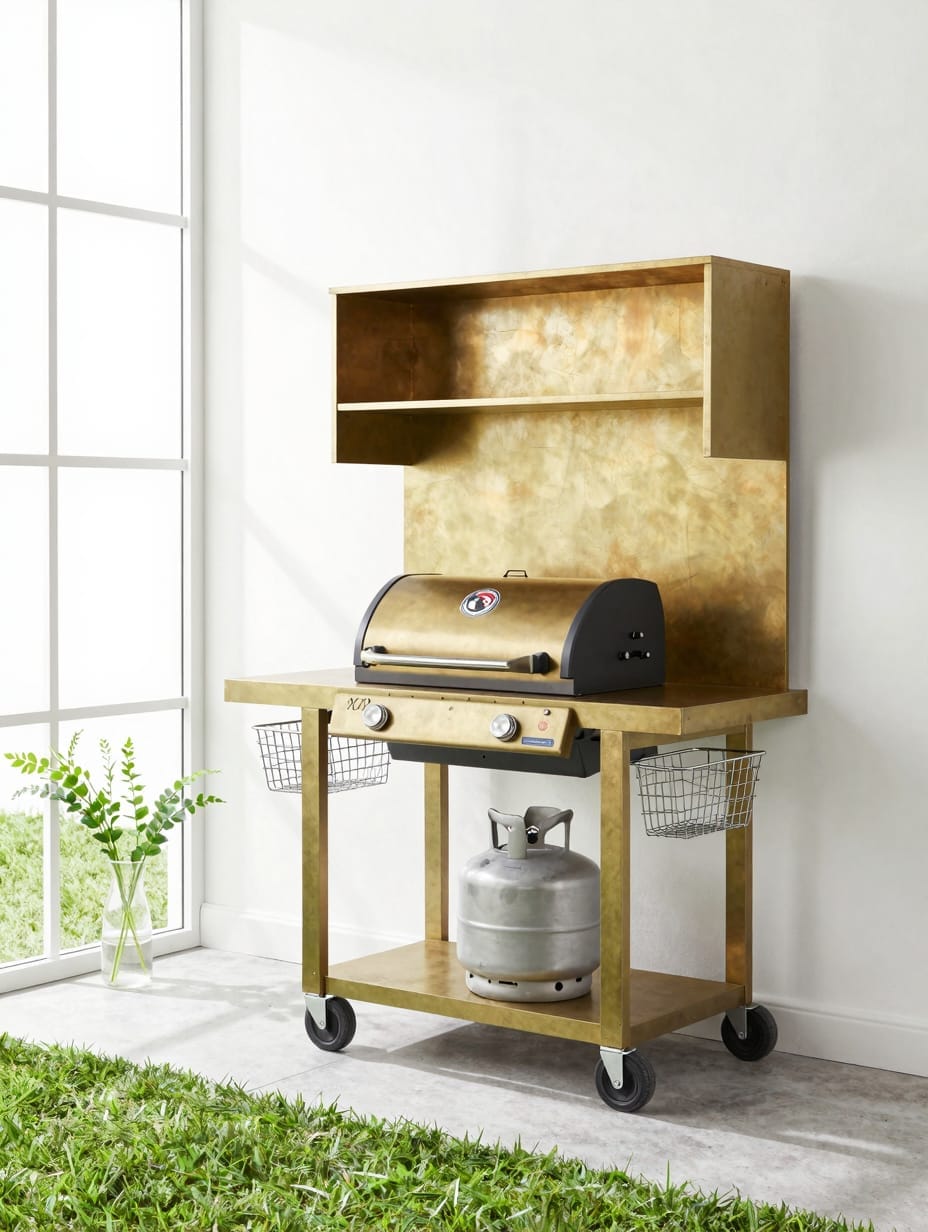 Black metal rolling utility cart used as a portable grill station with shelves for BBQ tools.