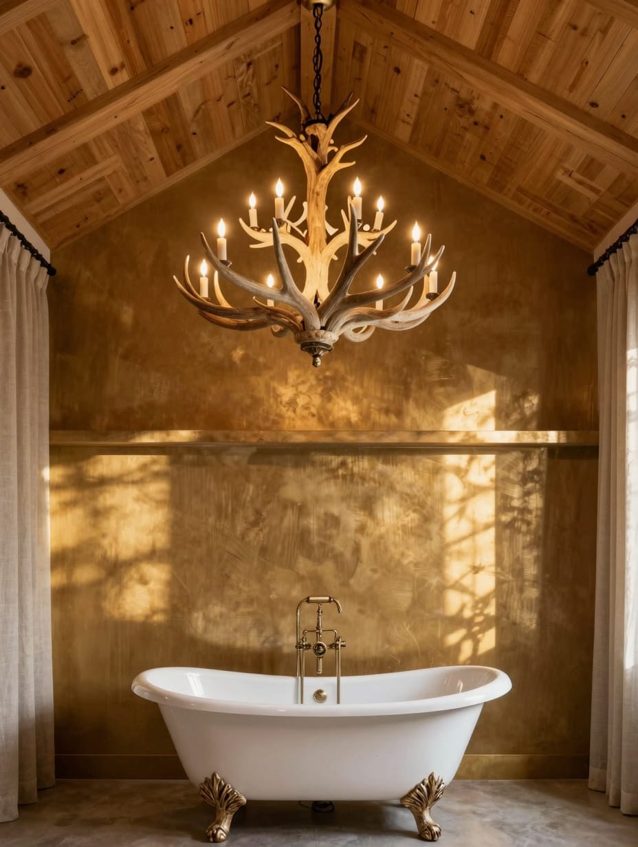 A white antler chandelier hanging from a wooden ceiling in a rustic bathroom setting.