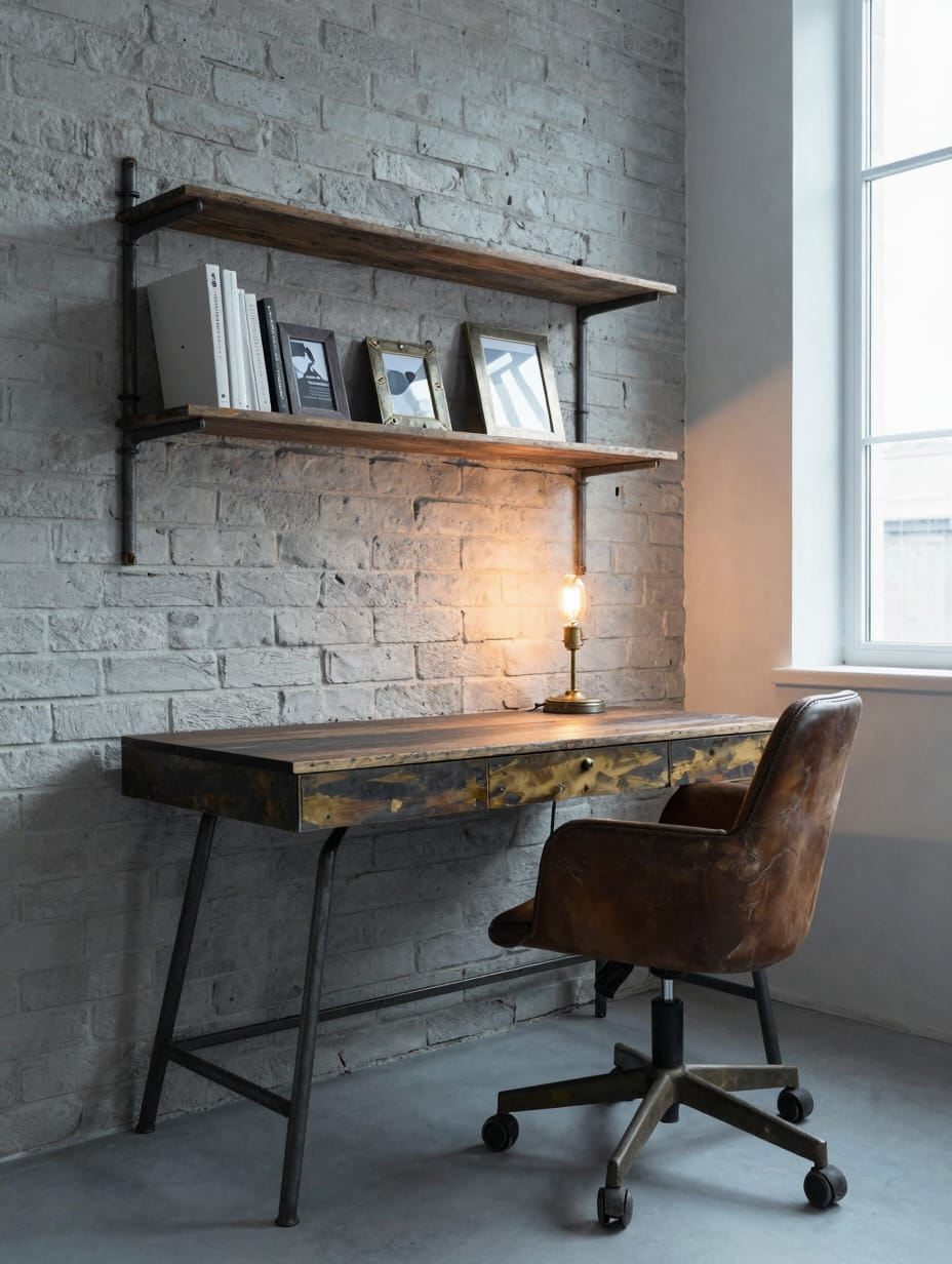 Industrial style corner desk with metal frame, dark wood, and exposed brick.