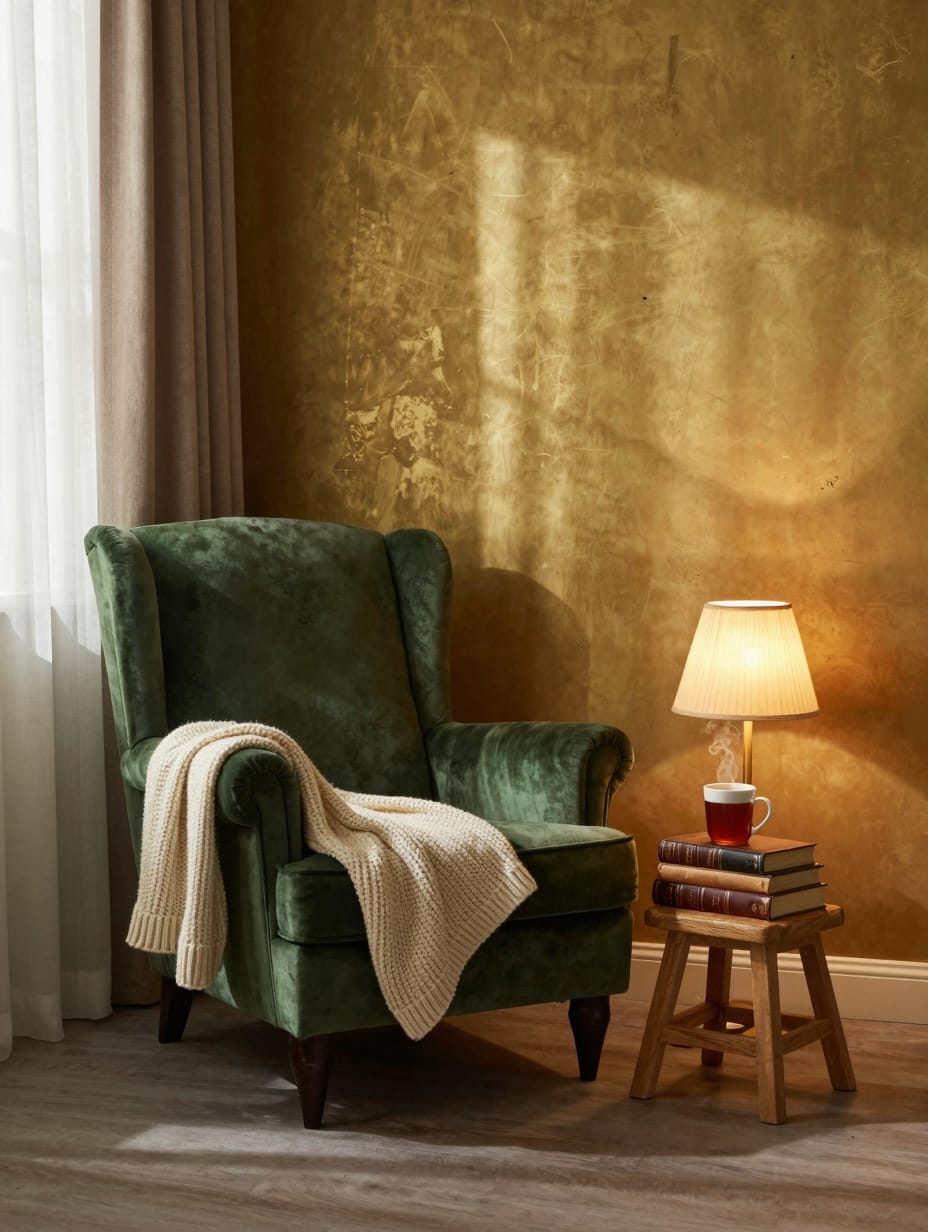 Cozy moss-green velvet reading nook with soft pillows and a woven blanket.