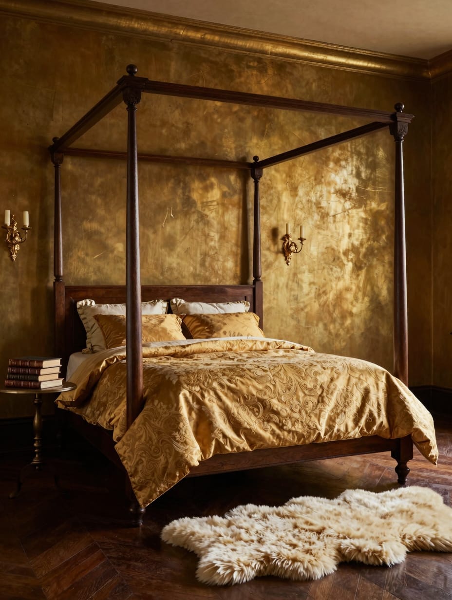 Dark bedroom with brass lamps, gold-framed art, and rich brocade curtains.