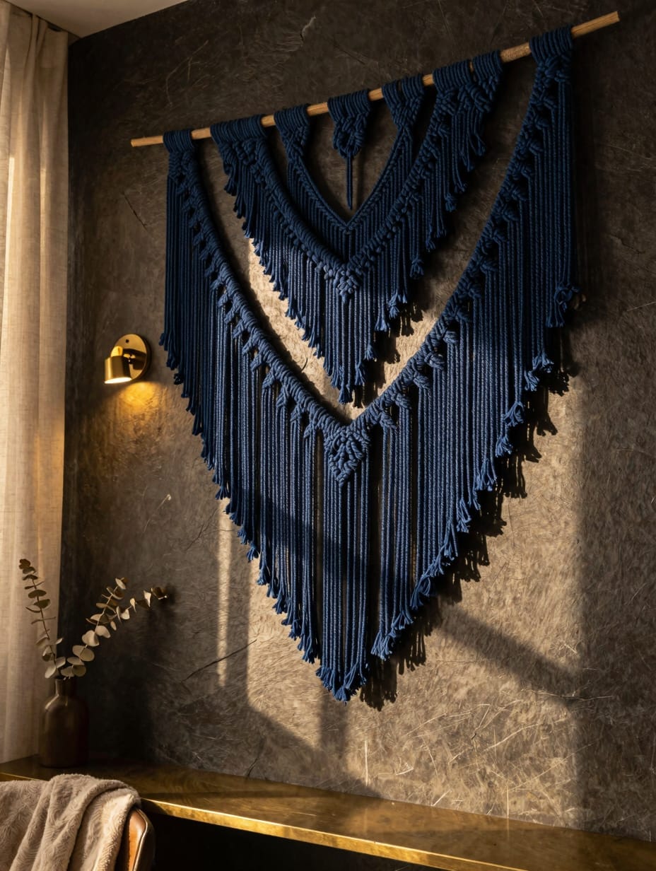 Large black macramé wall hanging displayed on a dark navy bedroom wall above a wooden bed frame.