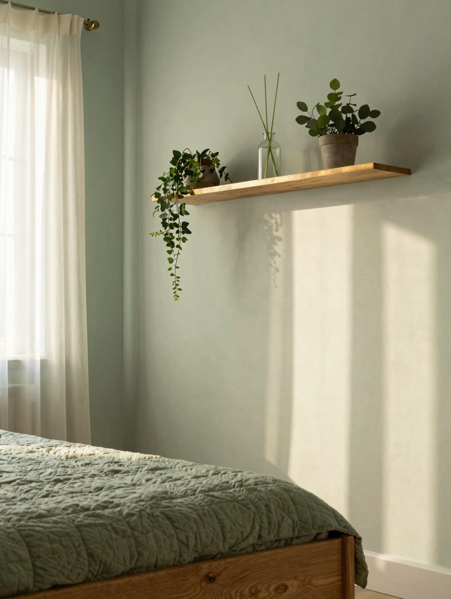 Sunlight streaming onto a sage green bedspread in a bright, cozy earthy bedroom.
