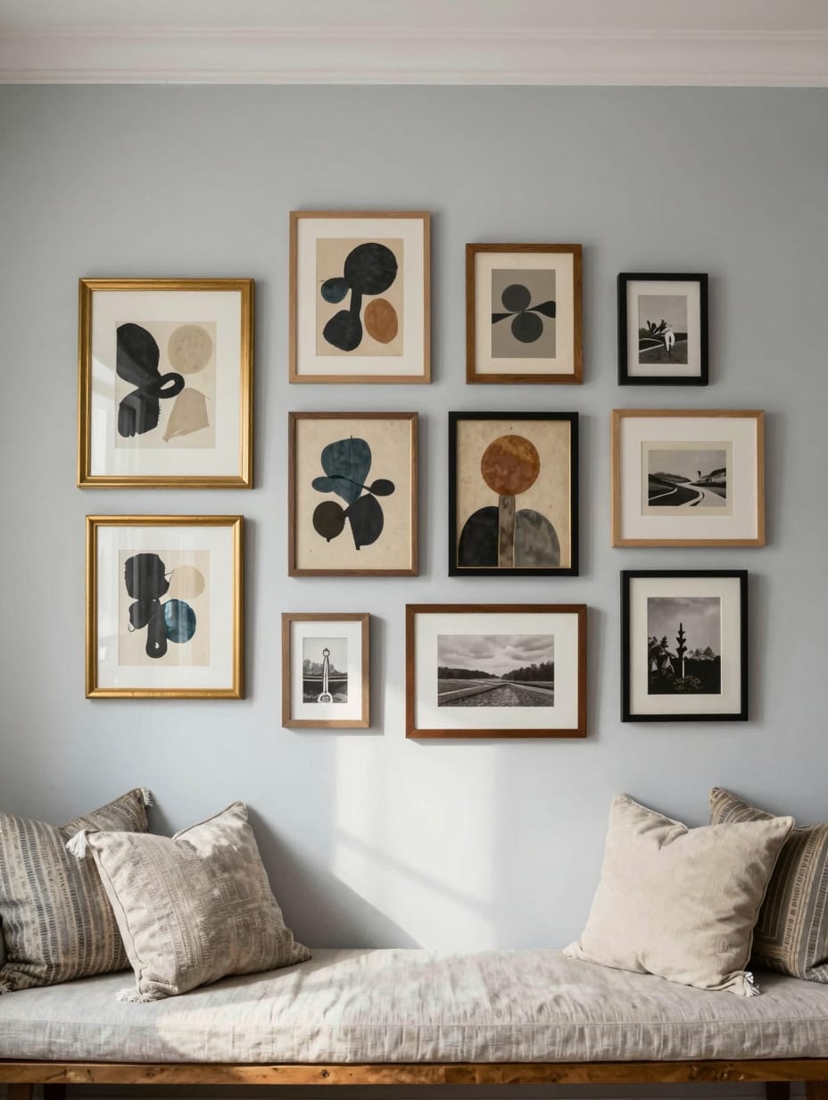 Vibrant gallery wall with diverse art and photos in an eclectic living space.