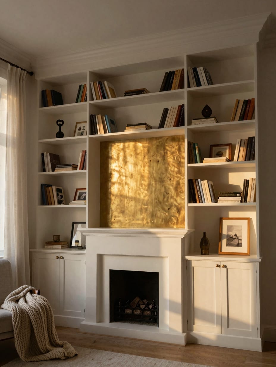 A fireplace flanked by built-in white cabinets and shelves for discreet storage.