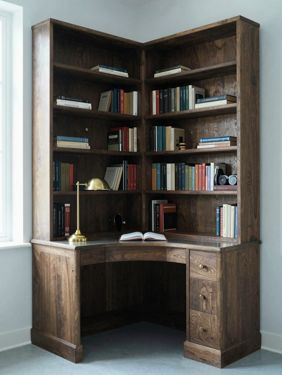 Built-in corner desk integrated into a large wooden bookshelf unit in a sophisticated home office.
