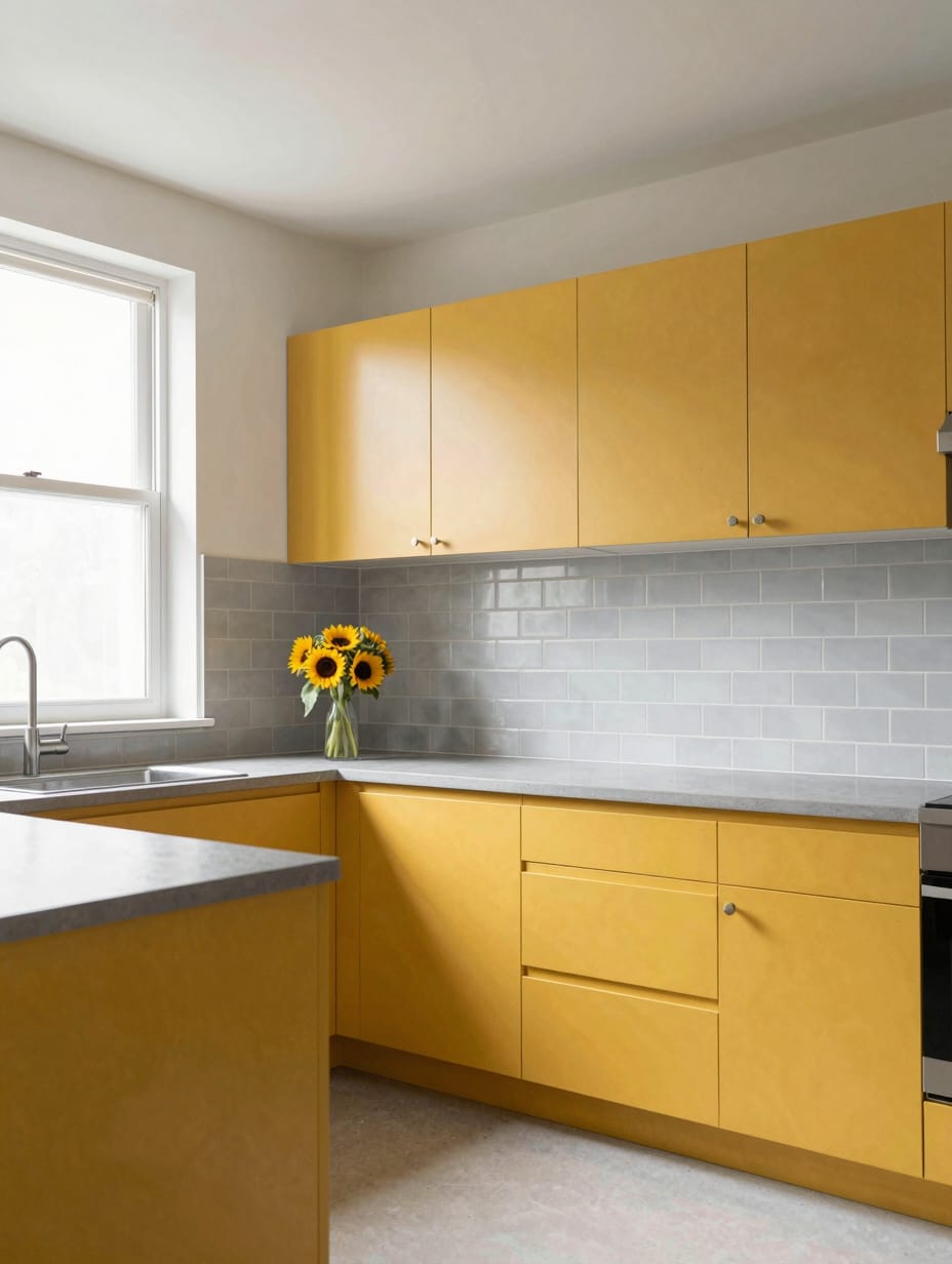 Kitchen featuring bright mustard yellow upper cabinets and white lower cabinets