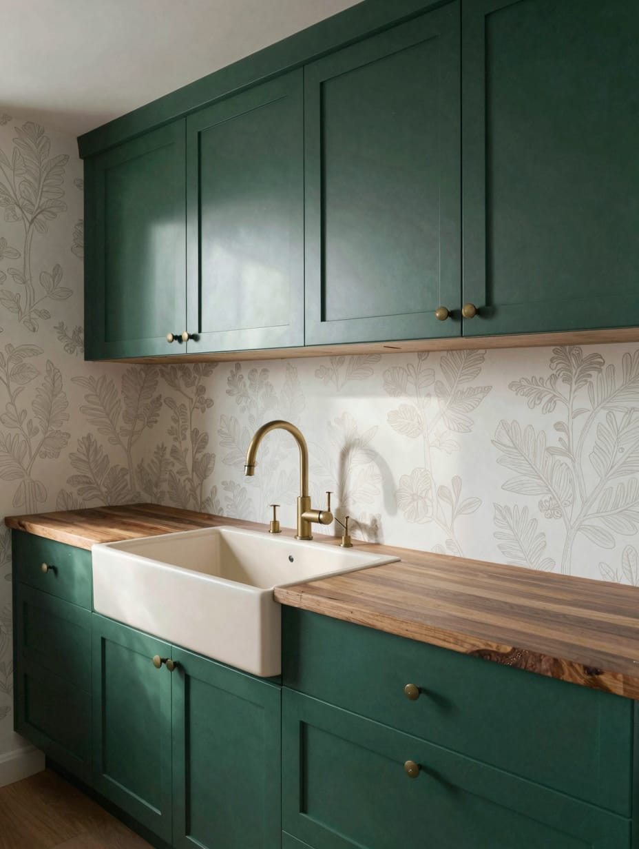 A kitchen featuring rich emerald green accent walls and deep wooden cabinetry with open shelves.