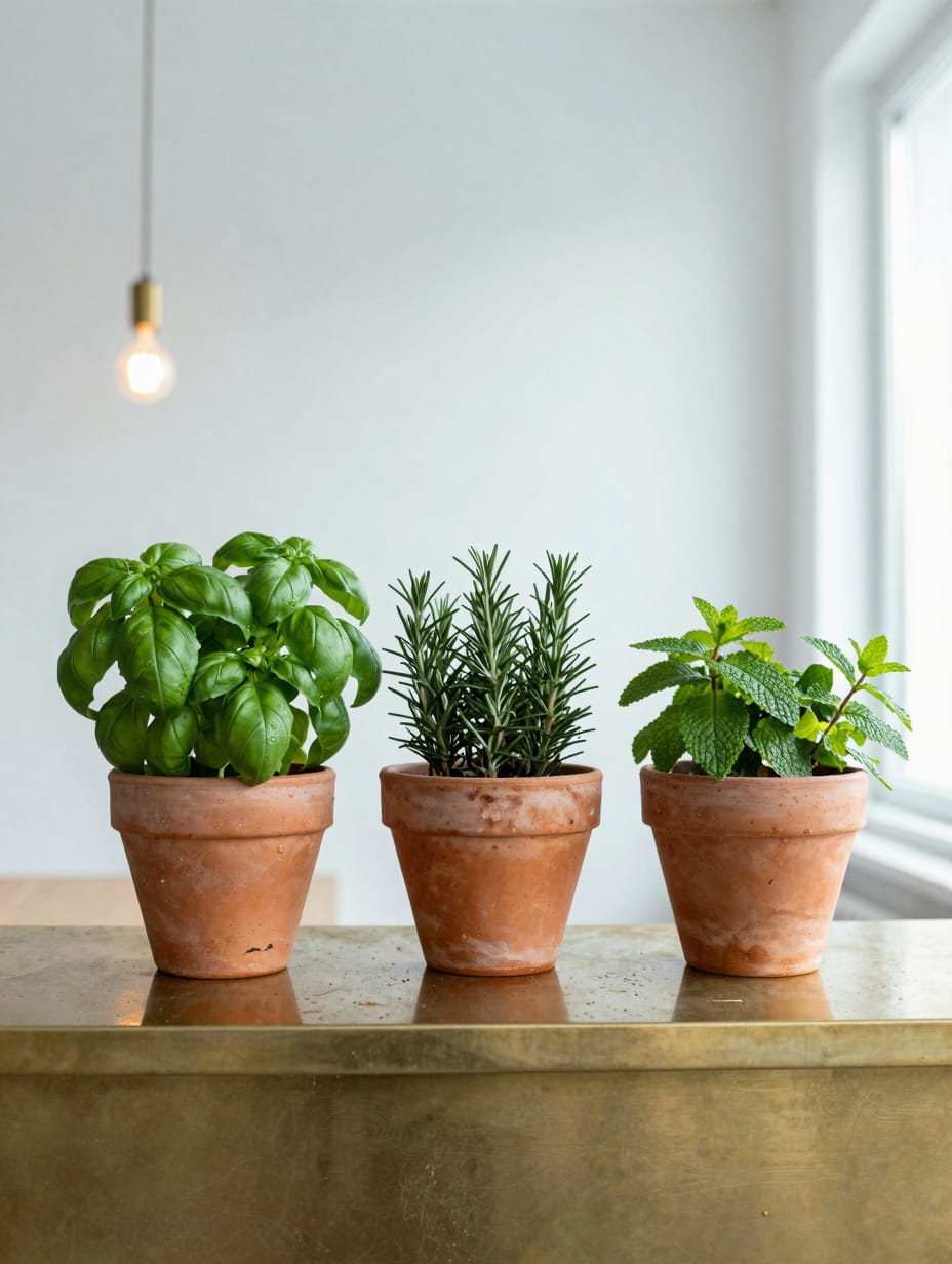 Three small terracotta pots with fresh green herbs sitting on a sunny kitchen island.