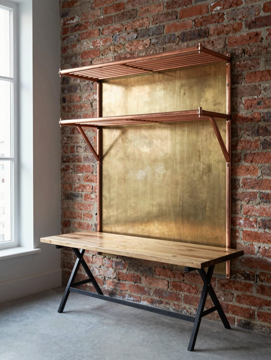 Exposed copper pipes used as a drying rack against a dark charcoal wall.