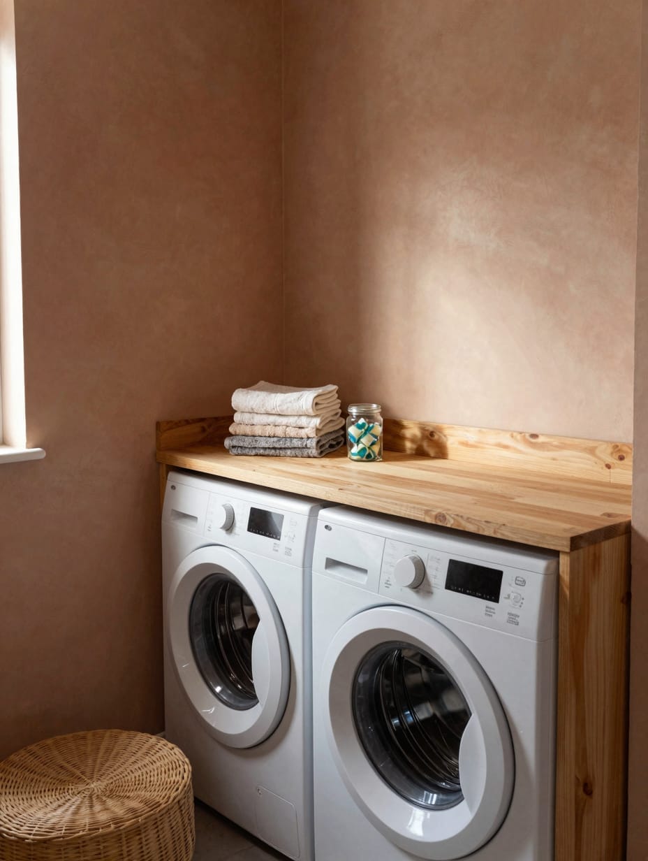 A modern laundry room remodel featuring a DIY folding counter, smart storage, and a washer and dryer setup.