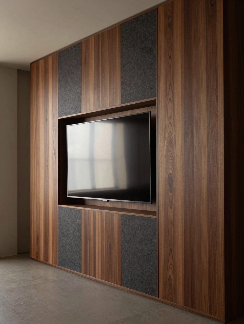 Vertical walnut wood slat wall paneling behind a wall-mounted television in a bright living room.