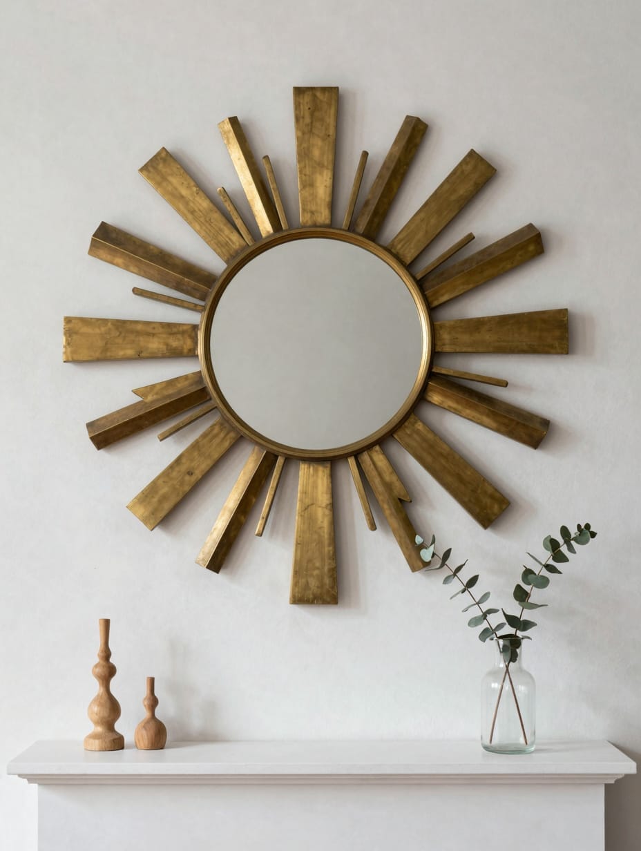 A large gold sunburst mirror hanging above a minimalist wooden console table.