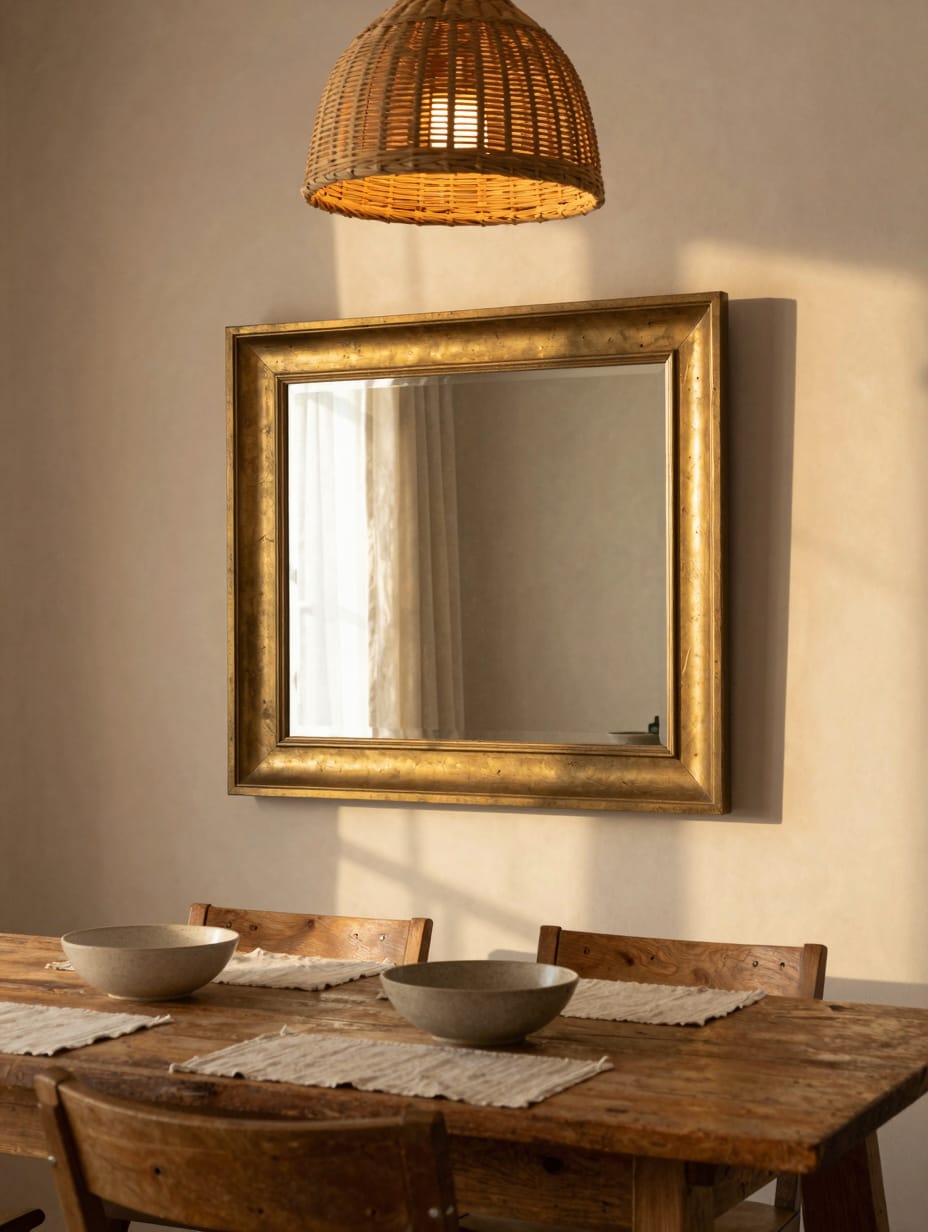 Elegant dining room with multiple decorative mirrors reflecting warm light