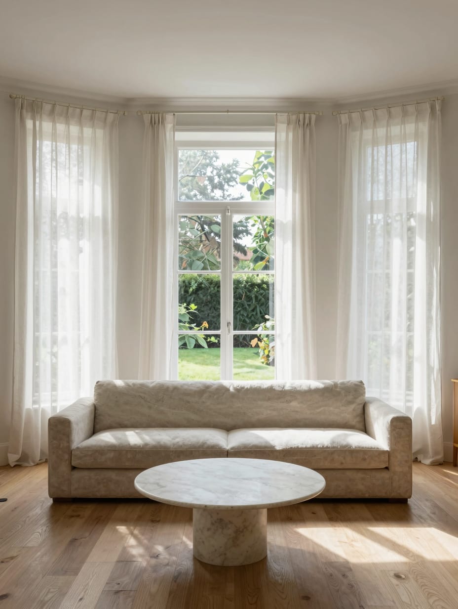 A bright modern living room flooded with natural light from large windows, featuring simple decor and a light color scheme.