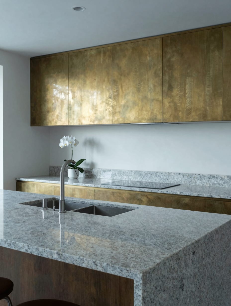 Kitchen island with an earthy-toned granite countertop and natural wood cabinets.