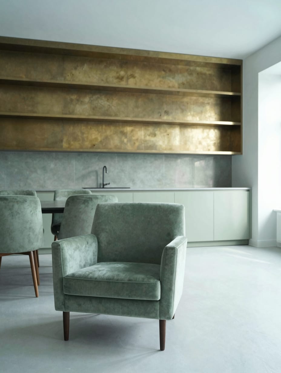 A wide shot showing sage green accents repeated in the kitchen and living area for visual harmony.