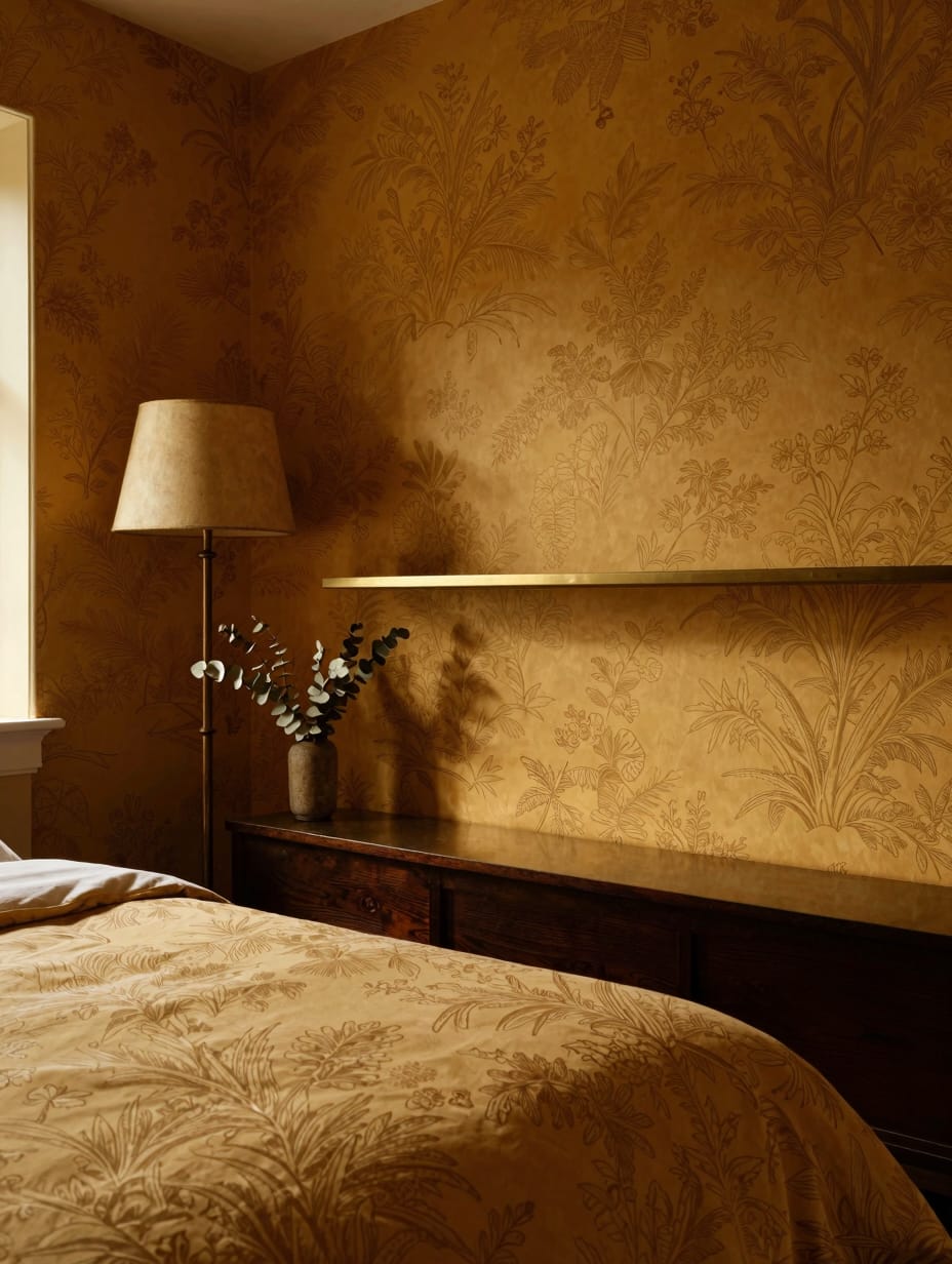An elegant bedroom showcasing golden toile pattern wallpaper and matching bedding with a classic feel.