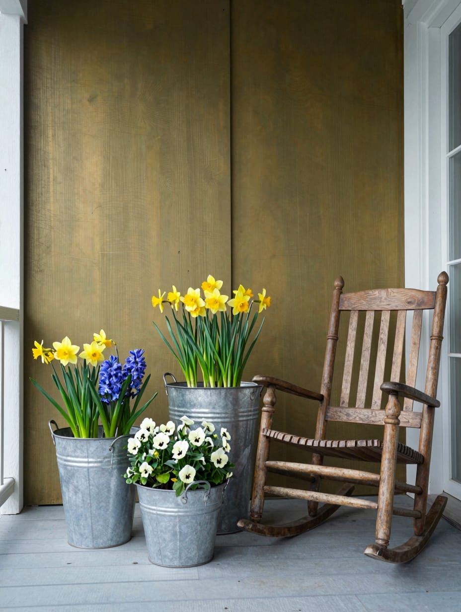 Galvanized metal tubs overflowing with colorful spring flowers on a farmhouse porch.
