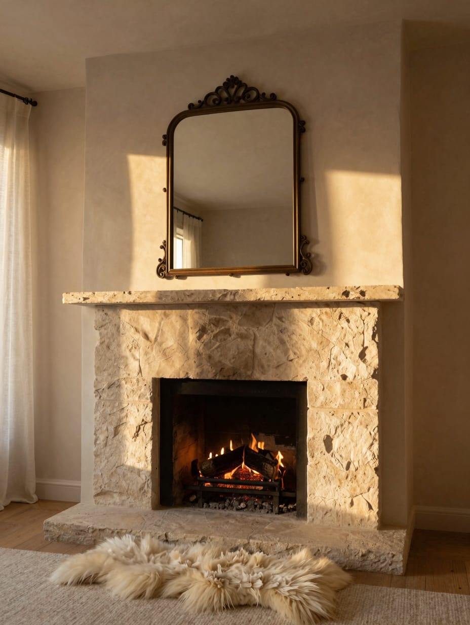 A decorative bowl filled with smooth river stones on a wooden mantelpiece, adding an organic accent.