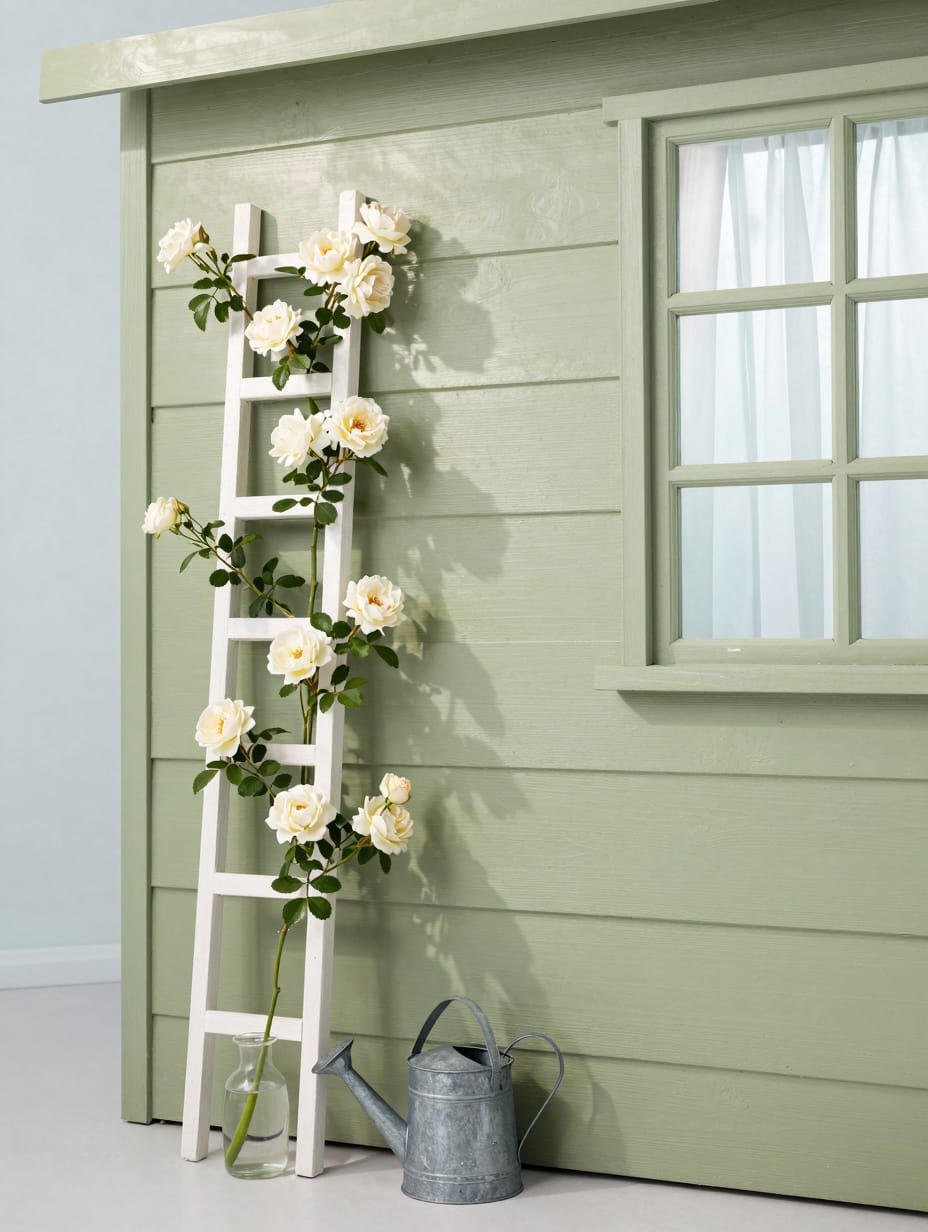 Pink climbing roses growing on a wooden trellis attached to the side of a garden shed.