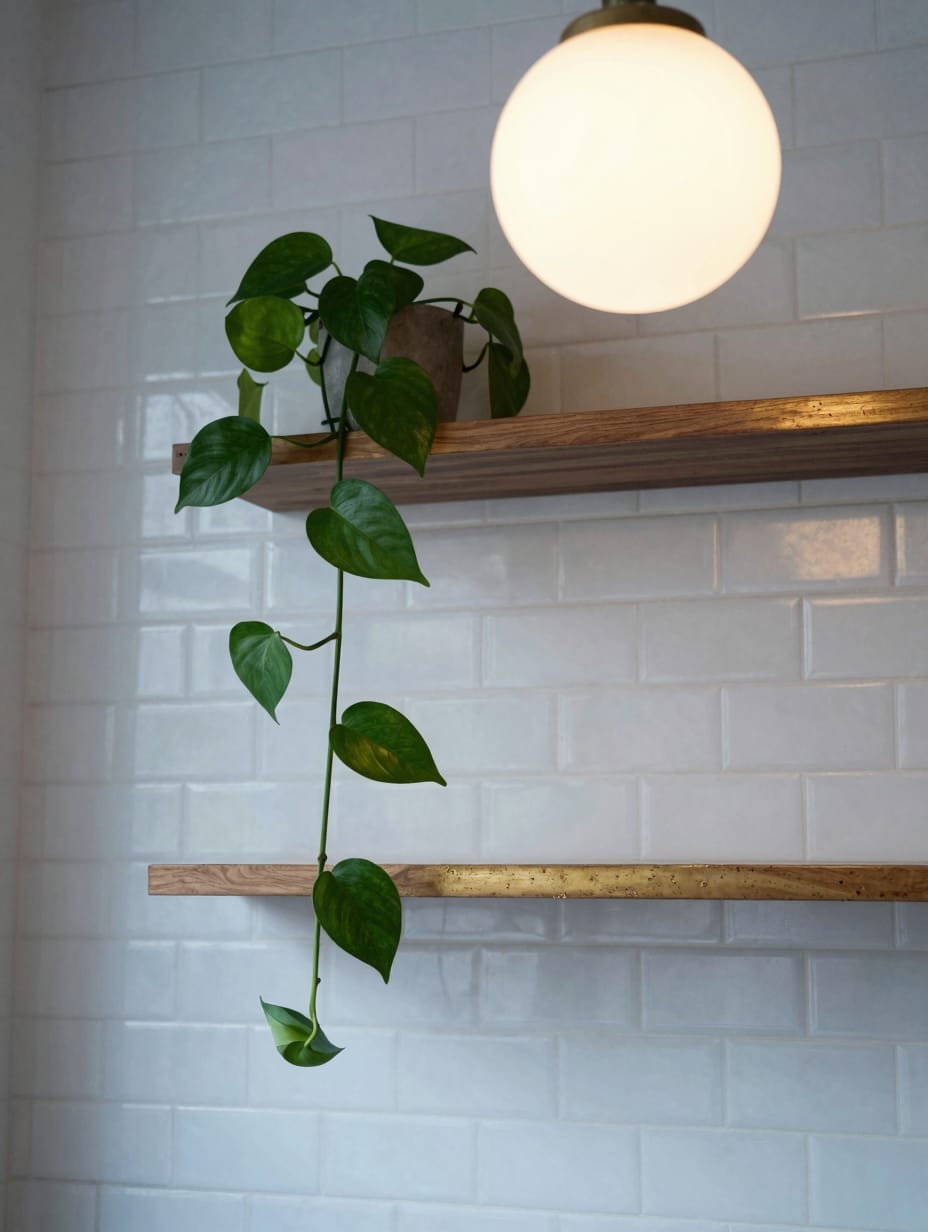 Wall mounted green plants in black pots against white subway tiles in a bathroom.