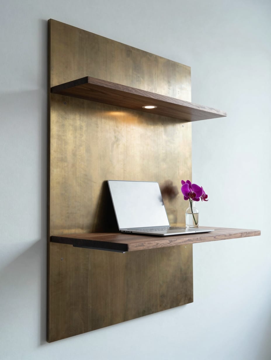 A minimalist home office setup with a light wood fold-down desk attached to a white wall, clear chair nearby.